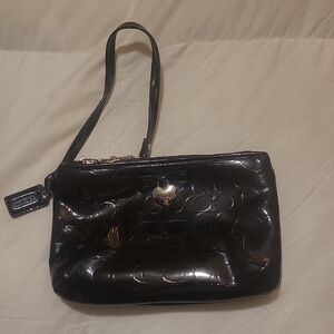 Coach Black Patent Shoulder Wristlet with Signature Emboss
